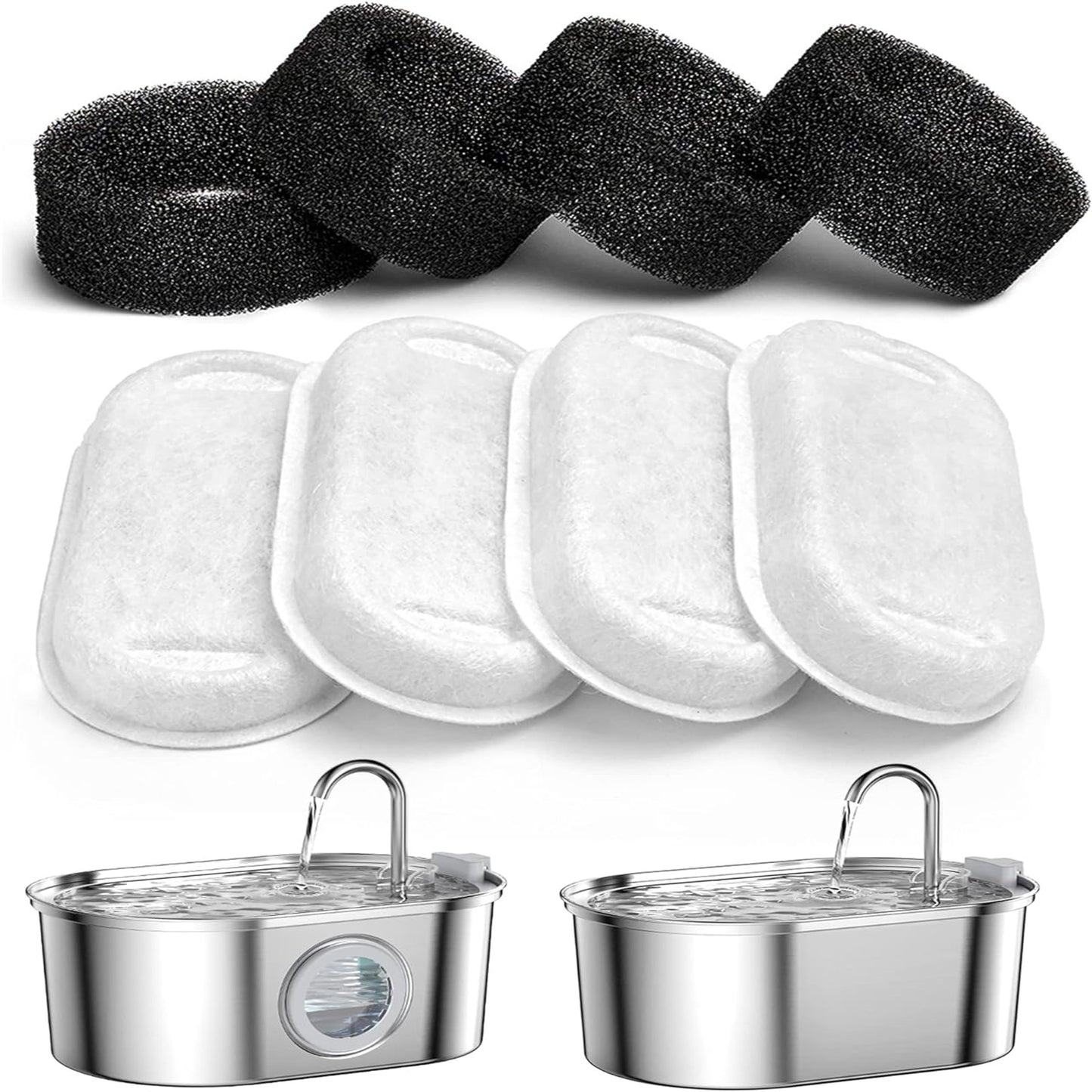 Replacement Filter for 3.2L Stainless Steel Cat Water Fountain Ultra Quiet Pet Fountain Pack of 8 (Carbon Filter + Foam Filter)