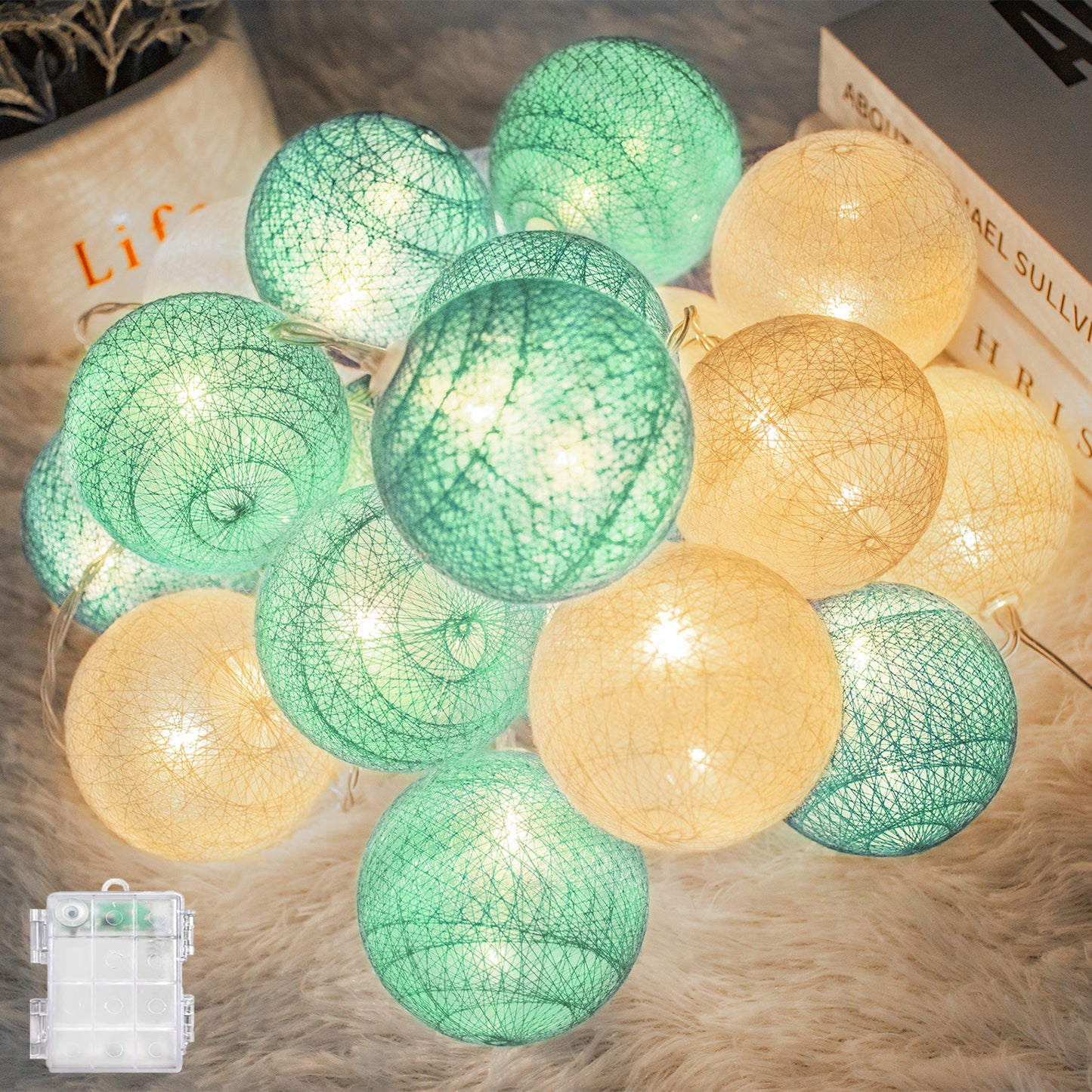 Lichterketten Inne Batterie, 3.8M Lichterkette Lampions 20 LED, Cotton Ball Lichterkette Kugeln für Kinderzimmer Weihnachten Party Garten Terrasse (Grün)