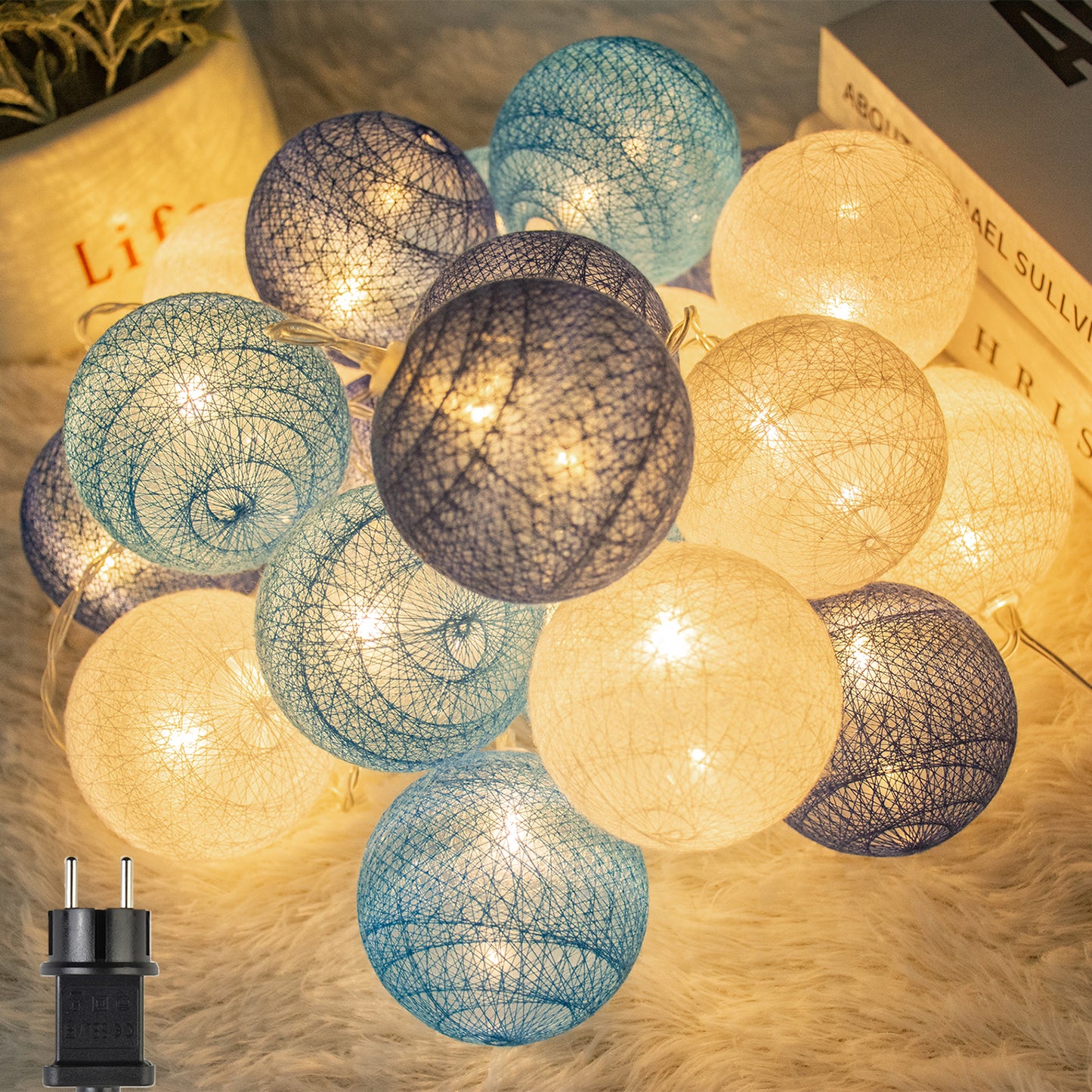 3.8M lichterkette Innen, 20 LEDs Lichterketten Kinderzimmer Lampions, Kugeln Lichterkette schlafzimmer mit Stecker Cotton Ball für Weihnachten Party Garten Terrasse(Blau)