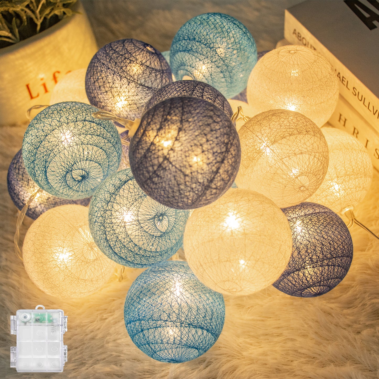 Lichterketten Inne Batterie, 3.8M Lichterkette Lampions 20 LED, Cotton Ball Lichterkette Kugeln für Kinderzimmer Weihnachten Party Garten Terrasse (Blau)