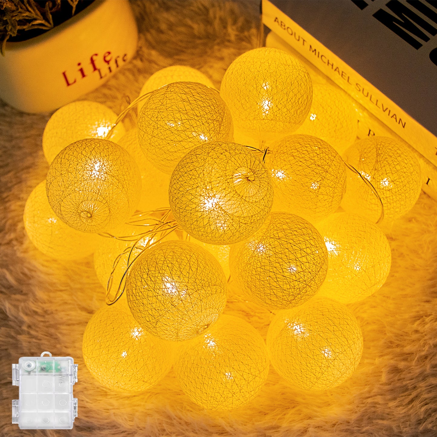 Lichterketten Inne Batterie, 3.8M Lichterkette Lampions 20 LED, Cotton Ball Lichterkette Kugeln für Kinderzimmer Weihnachten Party Garten Terrasse (Weiß)