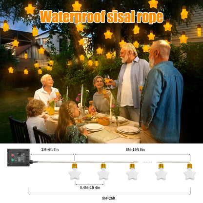 Ciskotu Solar Lichterkette Aussen, 8.0M 15 Glühbirnen 8 Modi LED Stern Hanfseil Lichterkette Außen Wetterfest Gartenleuchte, Vintage Outdoor Hanfseil Lichterkette für Garten, Balkon,Terrasse (Weiß)