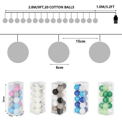 Ciskotu Baumwollkugeln Lichterkette, 20 LED USB Dimmbar Cotton Ball Lichterkette mit Fernbedienung und Timer, LED Kugeln Lichterkette Innen für Kinderzimmer Weihnachten Hochzeit Party (Grau)