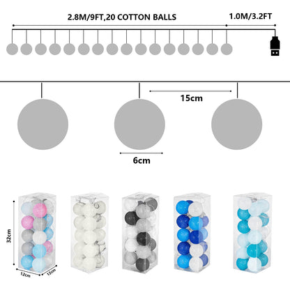 Ciskotu Baumwollkugeln Lichterkette, 20 LED USB Dimmbar Cotton Ball Lichterkette mit Fernbedienung und Timer, LED Kugeln Lichterkette Innen für Kinderzimmer Weihnachten Hochzeit Party (Blau)