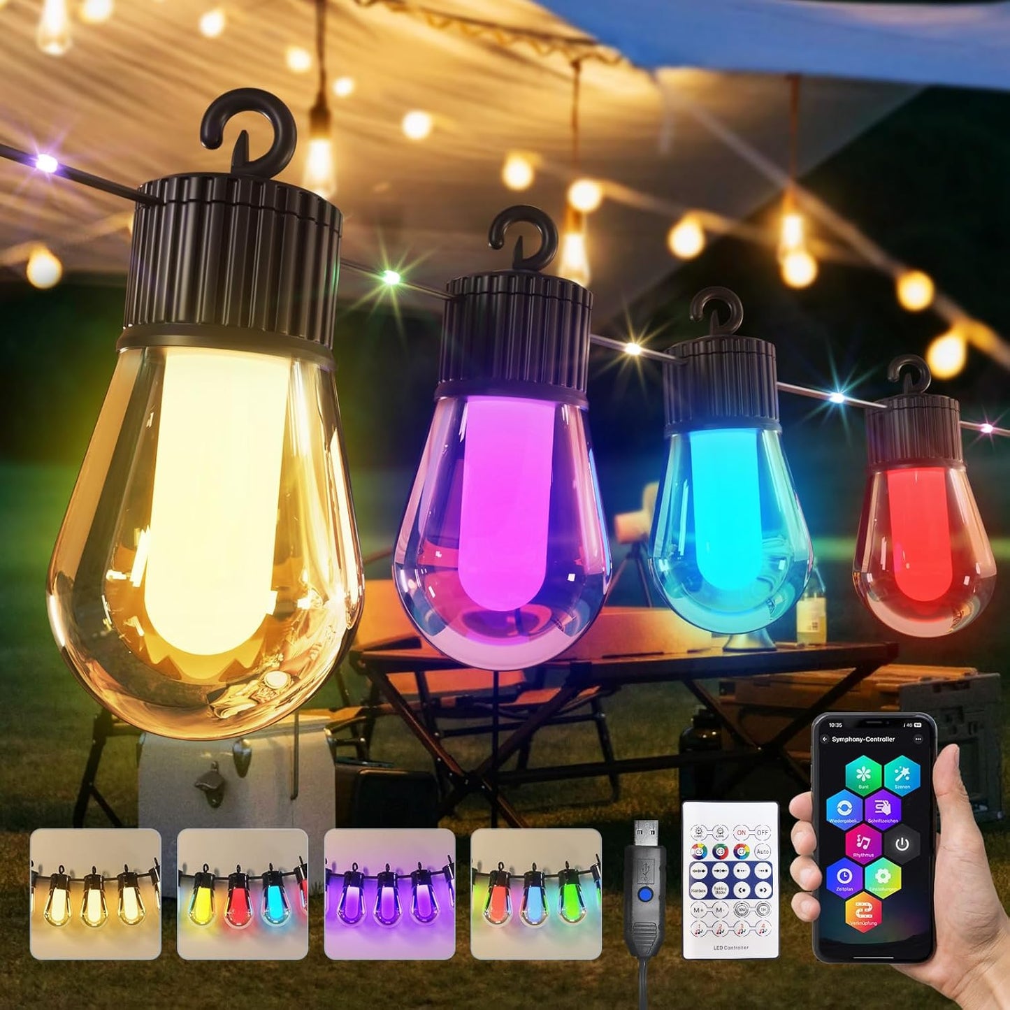Ciskotu 15 m LED Fairy Lights Outdoor Colourful Power 20 RGB S14 Light Bulb, Smart App with 99+ Modes and Timer, for Outdoor Waterproof Patio, Backyard, Party, Wedding, Garden, Balcony (USB)