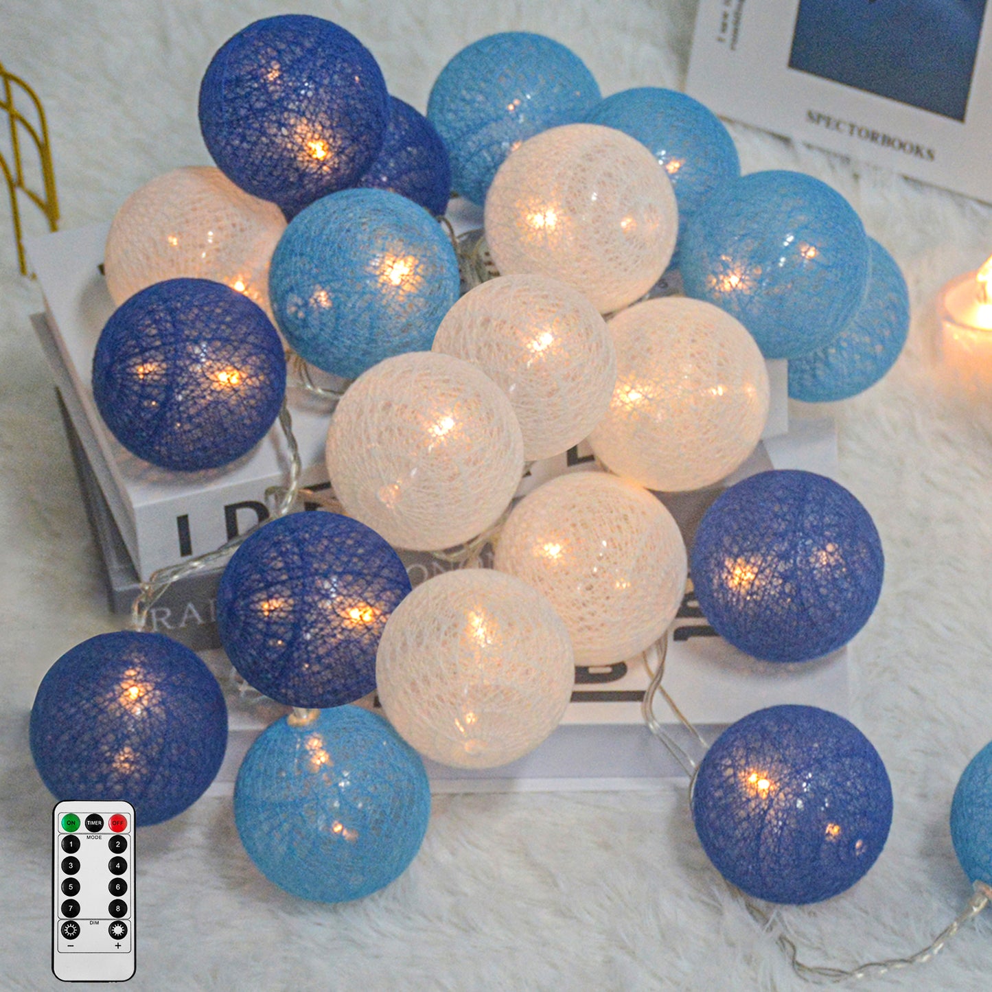 Ciskotu Baumwollkugeln Lichterkette, 20 LED USB Dimmbar Cotton Ball Lichterkette mit Fernbedienung und Timer, LED Kugeln Lichterkette Innen für Kinderzimmer Weihnachten Hochzeit Party (Blau)