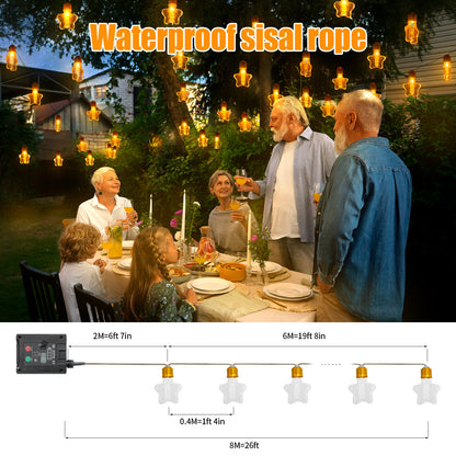Ciskotu Solar Lichterkette Aussen, 8.0M 15 Glühbirnen 8 Modi LED Stern Hanfseil Lichterkette Außen Wetterfest Gartenleuchte, Vintage Outdoor Hanfseil Lichterkette für Garten, Balkon,Terrasse