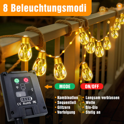 Ciskotu Solar Lichterkette Aussen, 8.0M 16 Glühbirnen 8 Modi (160+60) LED Hanfseil Lichterkette Außen Wetterfest Gartenleuchte, Vintage Outdoor Hanfseil Lichterkette für Garten, Balkon,Terrasse