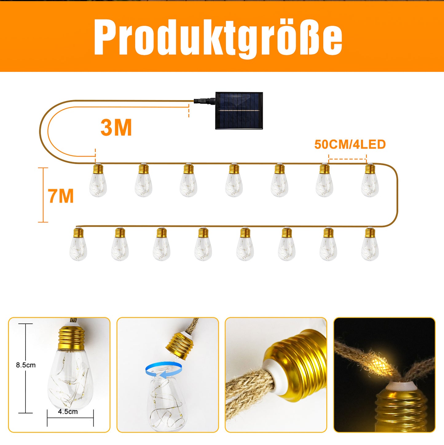 Ciskotu Solar Lichterkette Aussen, 8.0M 16 Glühbirnen 8 Modi (160+60) LED Hanfseil Lichterkette Außen Wetterfest Gartenleuchte, Vintage Outdoor Hanfseil Lichterkette für Garten, Balkon,Terrasse