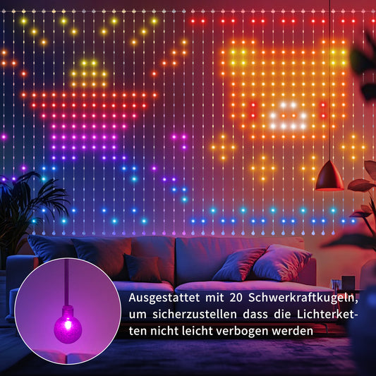 Ciskotu LED Lichtervorhang, 86+ Modi RGBIC Smart Vorhang Lichter DIY Dynamisch Muster mit 400 LED, IP65 Wasserdicht Mehrfarbig Lichterketten Vorhang für Weihnachten Deko (2 x 2M)