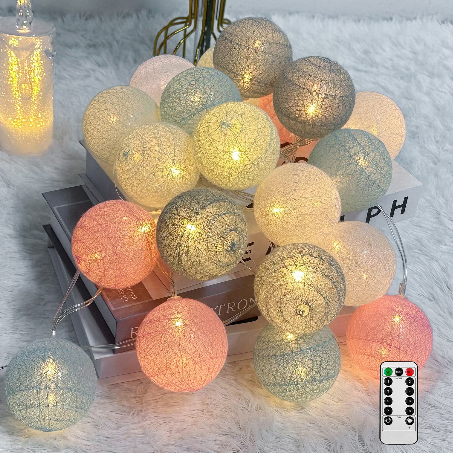 Ciskotu Baumwollkugeln Lichterkette, 20 LED USB Dimmbar Cotton Ball Lichterkette mit Fernbedienung und Timer, LED Kugeln Lichterkette Innen für Kinderzimmer Weihnachten Hochzeit Party (Macaron)