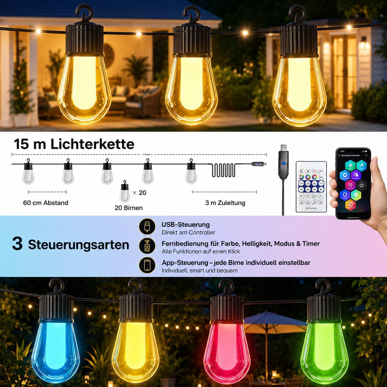 Ciskotu 15 m LED Fairy Lights Outdoor Colourful Power 20 RGB S14 Light Bulb, Smart App with 99+ Modes and Timer, for Outdoor Waterproof Patio, Backyard, Party, Wedding, Garden, Balcony (USB)