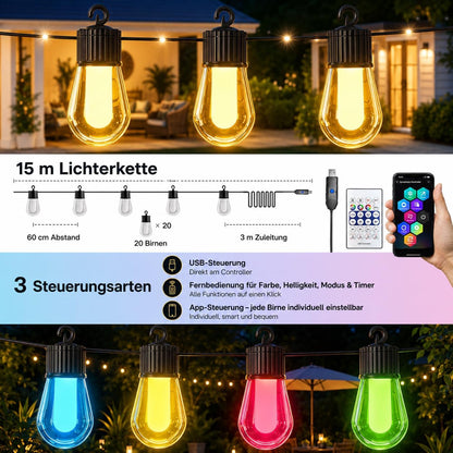 Ciskotu 15 m LED Fairy Lights Outdoor Colourful Power 20 RGB S14 Light Bulb, Smart App with 99+ Modes and Timer, for Outdoor Waterproof Patio, Backyard, Party, Wedding, Garden, Balcony (USB)