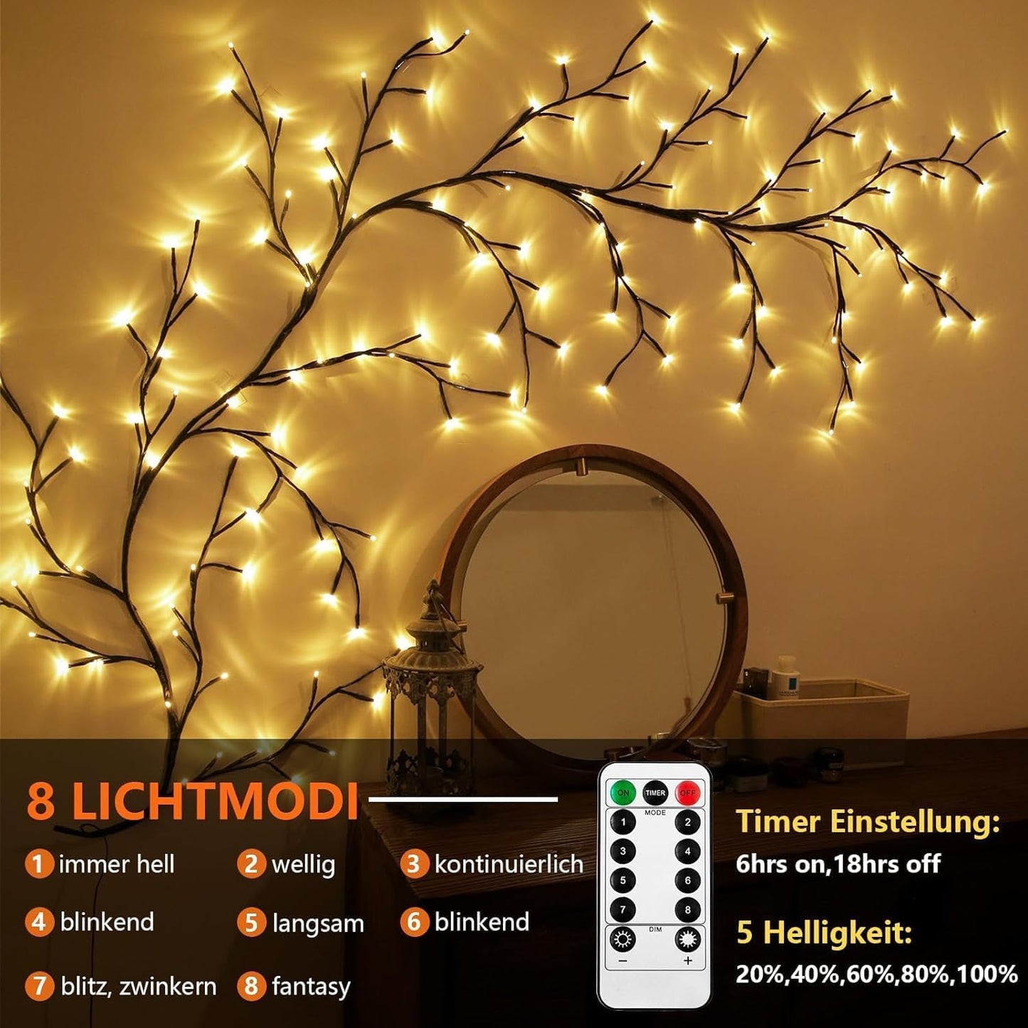 Ciskotu Lichterkette Willow Vine mit Stecker, 144 LEDs Weidenrebe Baum Lichterketten für zimmer, LED Baum Wanddeko Wohnzimmer, Künstliche Lichterzweige Schlafzimmer Deko