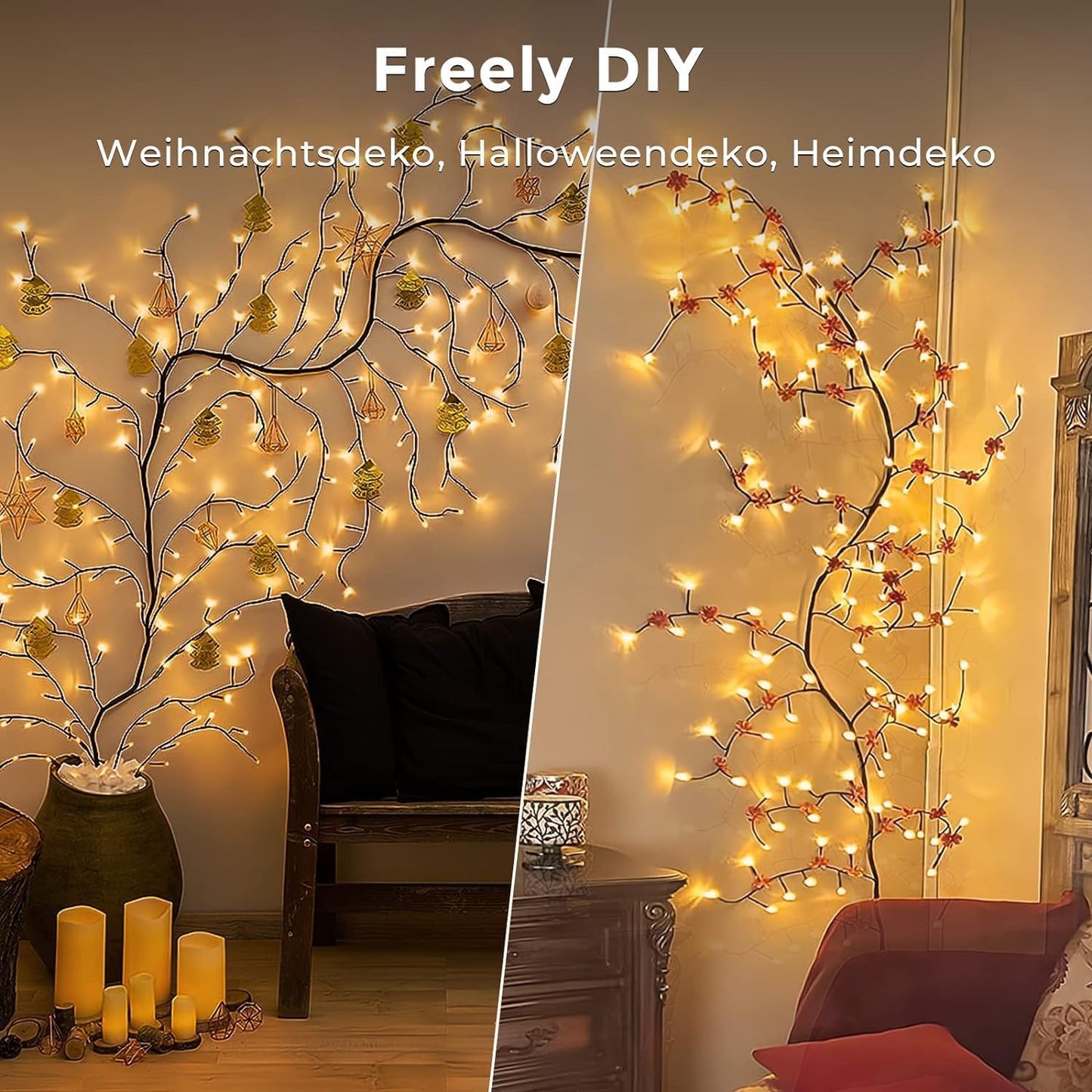 Ciskotu Lichterkette Willow Vine mit Stecker, 144 LEDs Weidenrebe Baum Lichterketten für zimmer, LED Baum Wanddeko Wohnzimmer, Künstliche Lichterzweige Schlafzimmer Deko