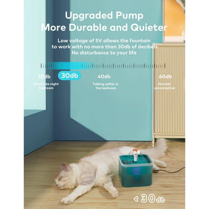 Cat Water Fountain, Ultra Quiet Cat Fountain 2L with LED Light, Activated Carbon Filter, Pet Water Fountain for Cats and Small Dogs