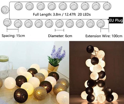 Lichterketten Inne Batterie, 3.8M Lichterkette Lampions 20 LED, Cotton Ball Lichterkette Kugeln für Kinderzimmer Weihnachten Party Garten Terrasse (Grau)