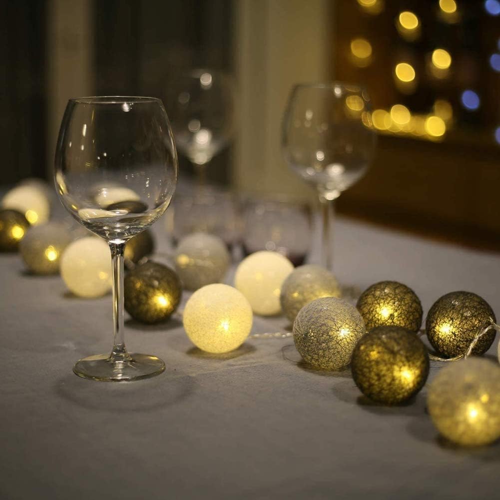 Lichterketten Inne Batterie, 3.8M Lichterkette Lampions 20 LED, Cotton Ball Lichterkette Kugeln für Kinderzimmer Weihnachten Party Garten Terrasse (Grau)