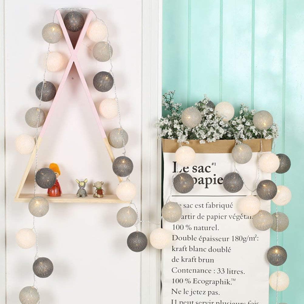 Lichterketten Inne Batterie, 3.8M Lichterkette Lampions 20 LED, Cotton Ball Lichterkette Kugeln für Kinderzimmer Weihnachten Party Garten Terrasse (Grau)