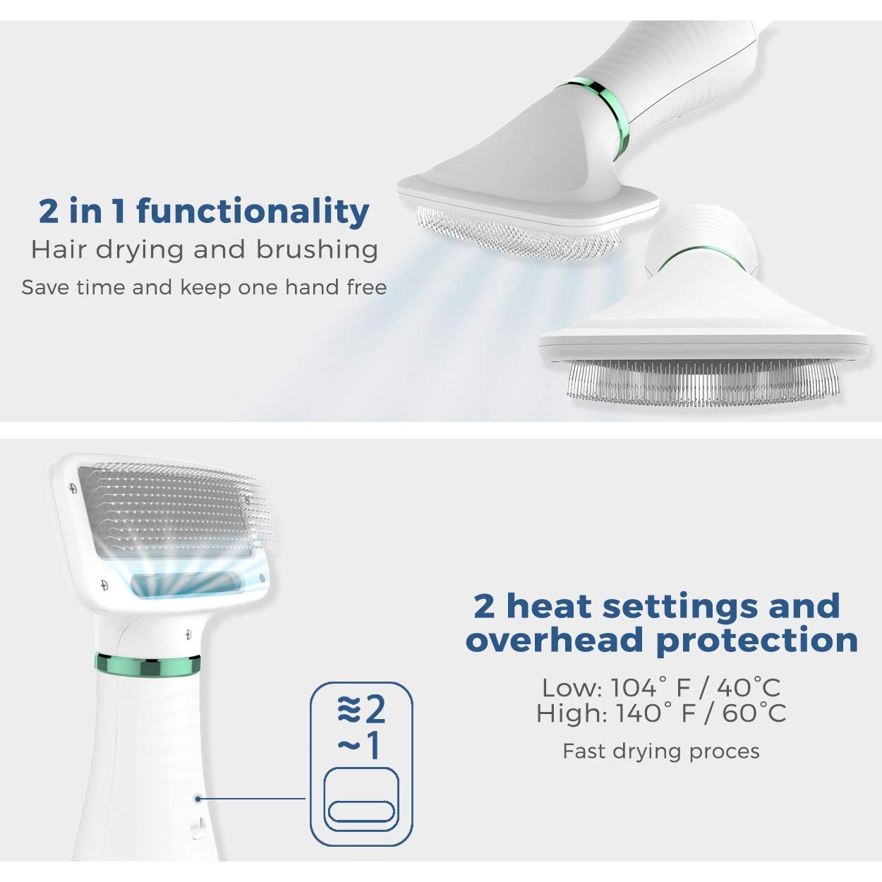 Pet hair dryer, 2 in 1 pet grooming hair dryer, home dog hair dryer with adjustable 2 temperature levels, for small and medium-sized dogs