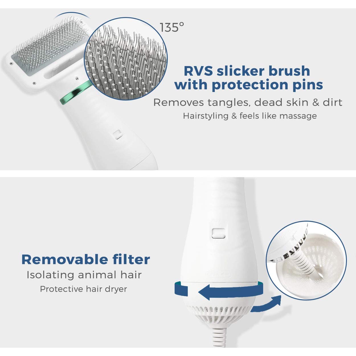 Pet hair dryer, 2 in 1 pet grooming hair dryer, home dog hair dryer with adjustable 2 temperature levels, for small and medium-sized dogs