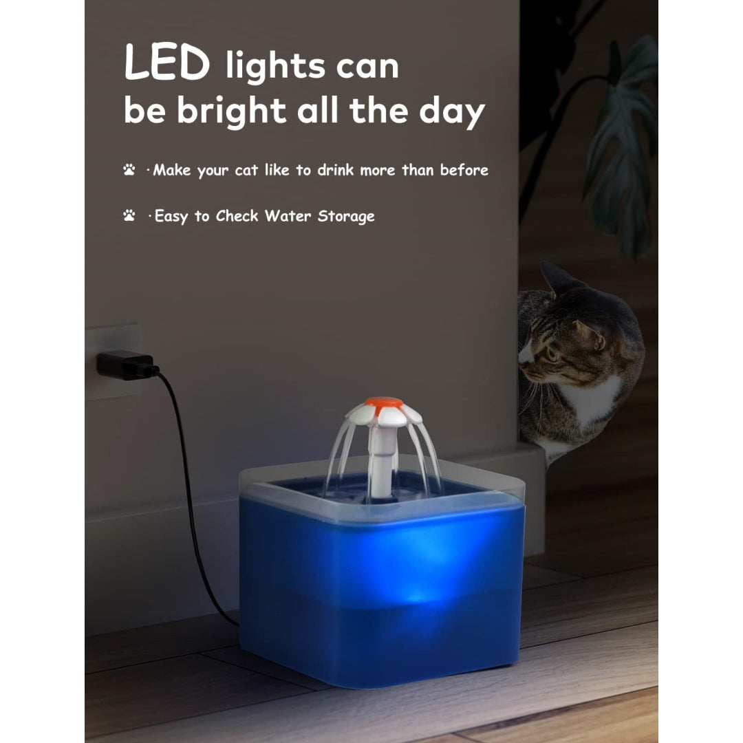 Cat Water Fountain, Ultra Quiet Cat Fountain 2L with LED Light, Activated Carbon Filter, Pet Water Fountain for Cats and Small Dogs