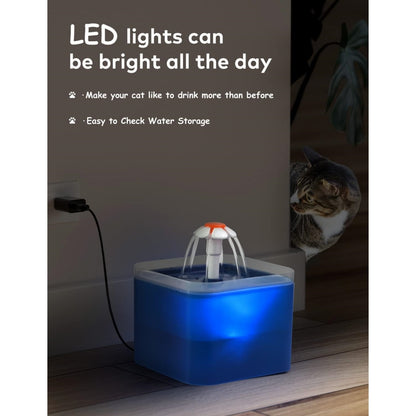 Cat Water Fountain, Ultra Quiet Cat Fountain 2L with LED Light, Activated Carbon Filter, Pet Water Fountain for Cats and Small Dogs