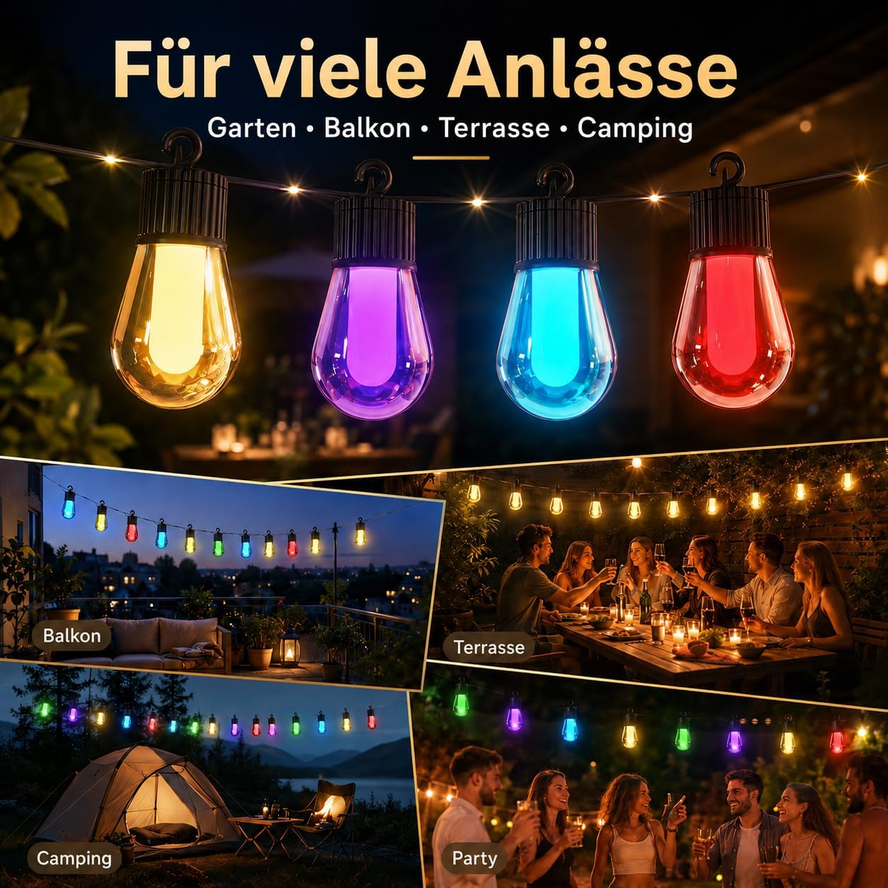 Ciskotu 15 m LED Fairy Lights Outdoor Colourful Power 20 RGB S14 Light Bulb, Smart App with 99+ Modes and Timer, for Outdoor Waterproof Patio, Backyard, Party, Wedding, Garden, Balcony (USB)