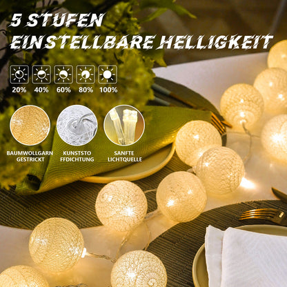 Ciskotu Baumwollkugeln Lichterkette, 20 LED USB Dimmbar Cotton Ball Lichterkette mit Fernbedienung und Timer, LED Kugeln Lichterkette Innen für Kinderzimmer Weihnachten Hochzeit Party (Weiß)