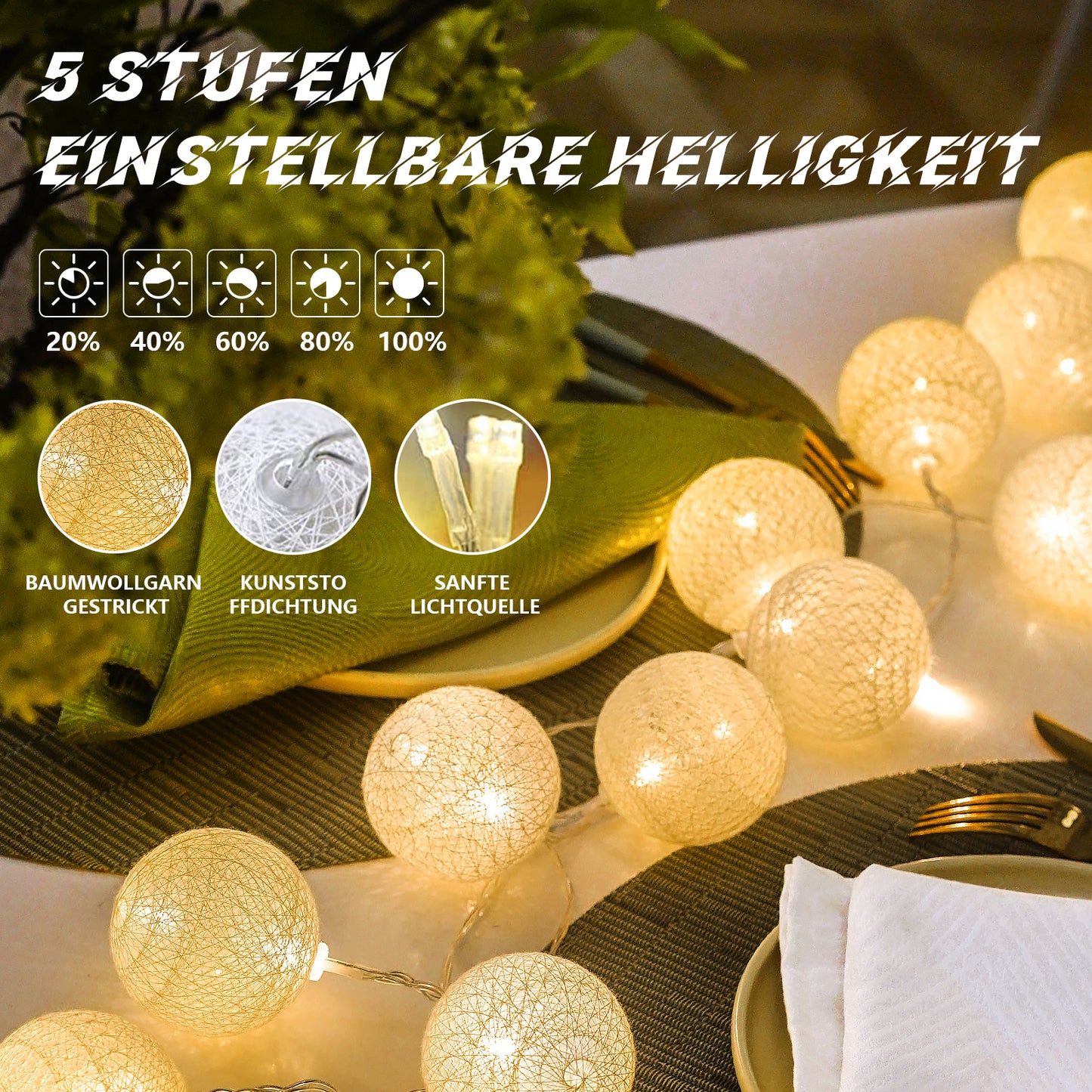 Ciskotu Baumwollkugeln Lichterkette Batteriebetrieben, 20 LED Dimmbar Cotton Ball Lichterkette mit Fernbedienung, LED Kugeln Lichterkette Innen für Kinderzimmer Weihnachten Hochzeit Party(Grün)