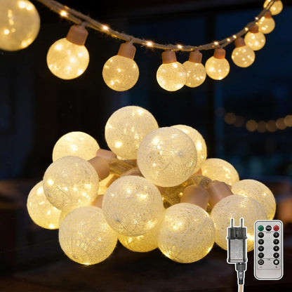 Lichterkette 8M mit Stecker & Fernbedienung, LED Baumwollkugeln [Leuchtendes Juteseil] IP44 Wasserfest, 16 LEDs 8 Modi Dimmbar, Deko für Kinderzimmer Weihnachten Zimmer - Weiß [Energieklasse C]