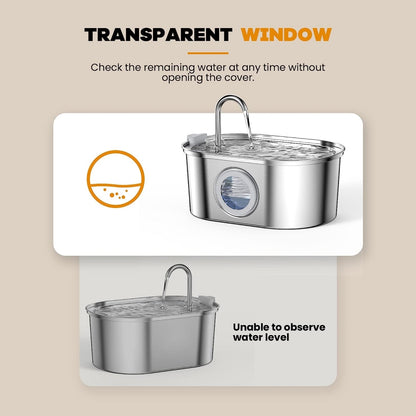 Cat Water Fountain with Water Level Window, 100oz/3.2L Water Fountain for Cats Inside, Stainless Steel Pet Water Fountain Dog Water Dispenser