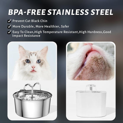 Cat water fountain, 3.2L stainless steel, pet water dispenser, automatic metal drinking fountain, water bowl, ultra-quiet pump