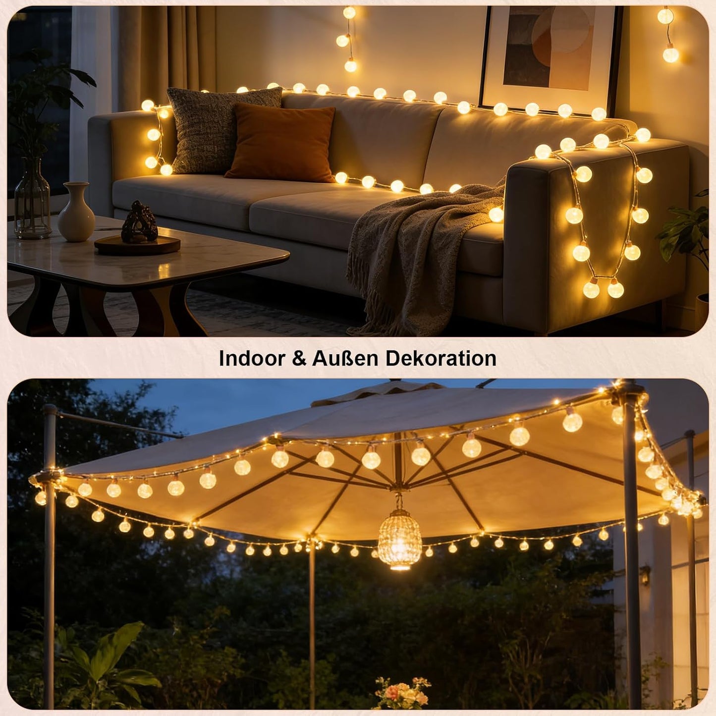 Lichterkette 8M mit Stecker & Fernbedienung, LED Baumwollkugeln [Leuchtendes Juteseil] IP44 Wasserfest, 16 LEDs 8 Modi Dimmbar, Deko für Kinderzimmer Weihnachten Zimmer - Weiß [Energieklasse C]