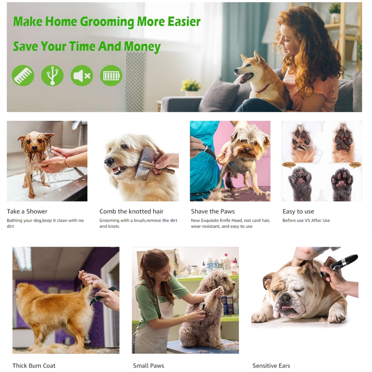 Dog clipper, cordless low noise electric pet trimmer, dog grooming hair clipper for trimming hair around paws, torso