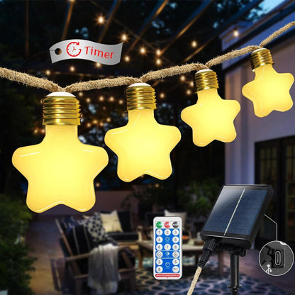 Ciskotu Solar Lichterkette Aussen, 8.0M 15 Glühbirnen 8 Modi LED Stern Hanfseil Lichterkette Außen Wetterfest Gartenleuchte, Vintage Outdoor Hanfseil Lichterkette für Garten, Balkon,Terrasse (Weiß)