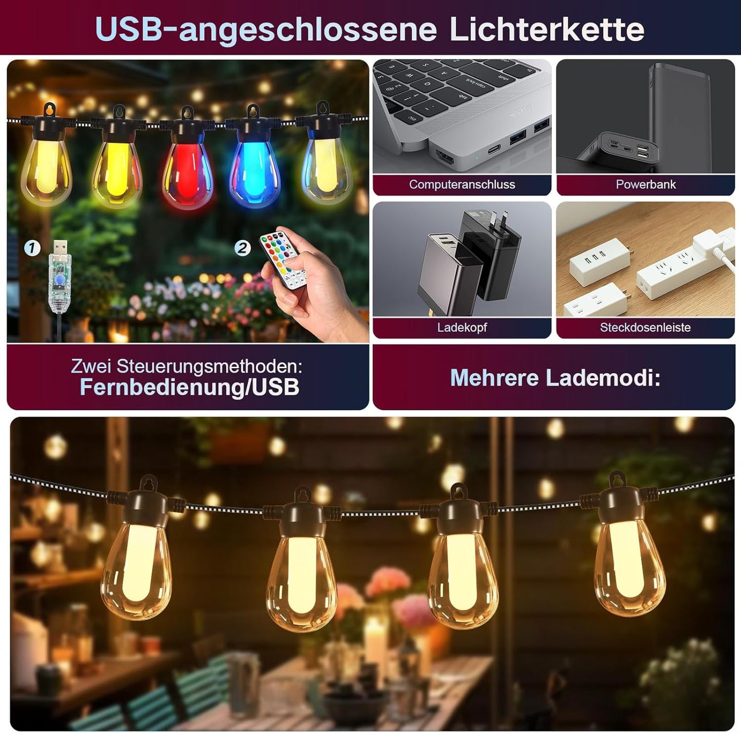 Lichterkette Außen Bunt Strom Outdoor - 15M G40 Glühbirnen Garten LED Beleuchtung Balkon Lichterketten Aussen IP65 Wetterfest Pavillon String Lights mit Fernbedienung für Terrasse Party（USB）