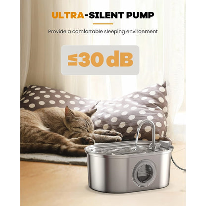 Cat Water Fountain with Water Level Window, 100oz/3.2L Water Fountain for Cats Inside, Stainless Steel Pet Water Fountain Dog Water Dispenser