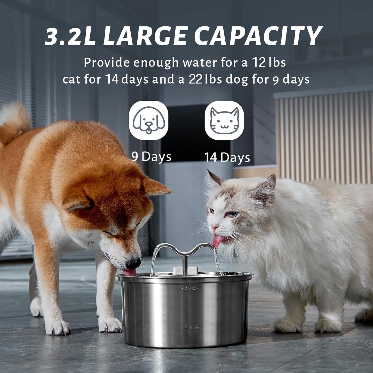 Cat water fountain, 3.2L stainless steel, pet water dispenser, automatic metal drinking fountain, water bowl, ultra-quiet pump