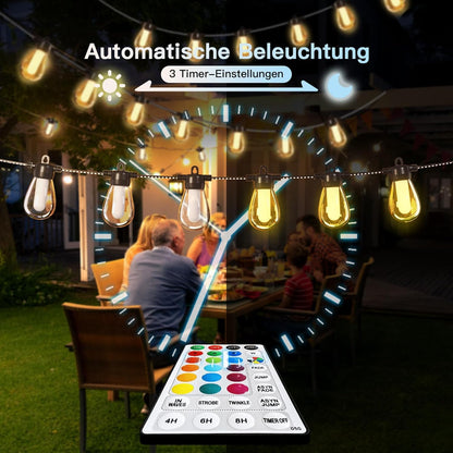 Lichterkette Außen Bunt Strom Outdoor - 15M G40 Glühbirnen Garten LED Beleuchtung Balkon Lichterketten Aussen IP65 Wetterfest Pavillon String Lights mit Fernbedienung für Terrasse Party（USB）