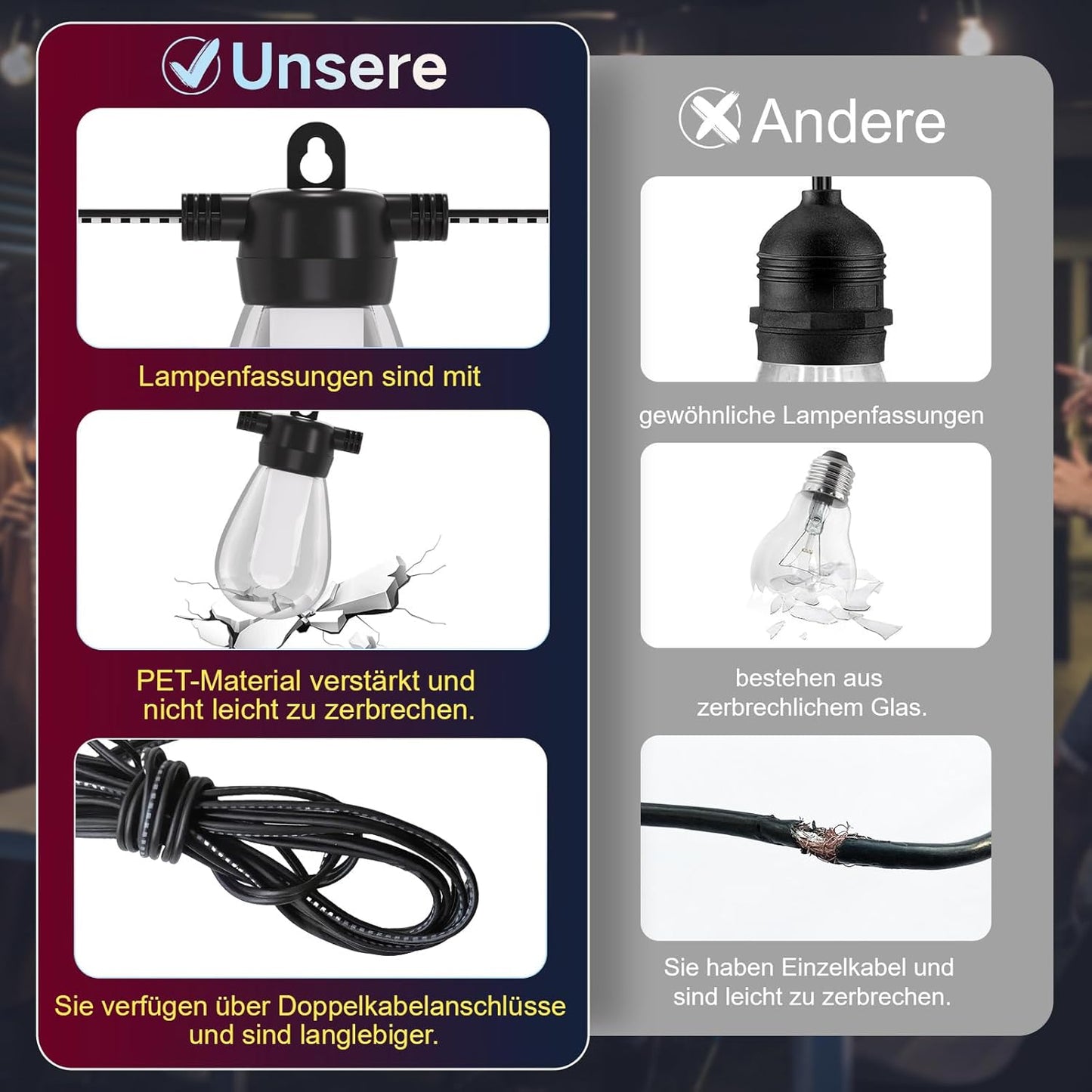 Lichterkette Außen Bunt Strom Outdoor - 15M G40 Glühbirnen Garten LED Beleuchtung Balkon Lichterketten Aussen IP65 Wetterfest Pavillon String Lights mit Fernbedienung für Terrasse Party（USB）