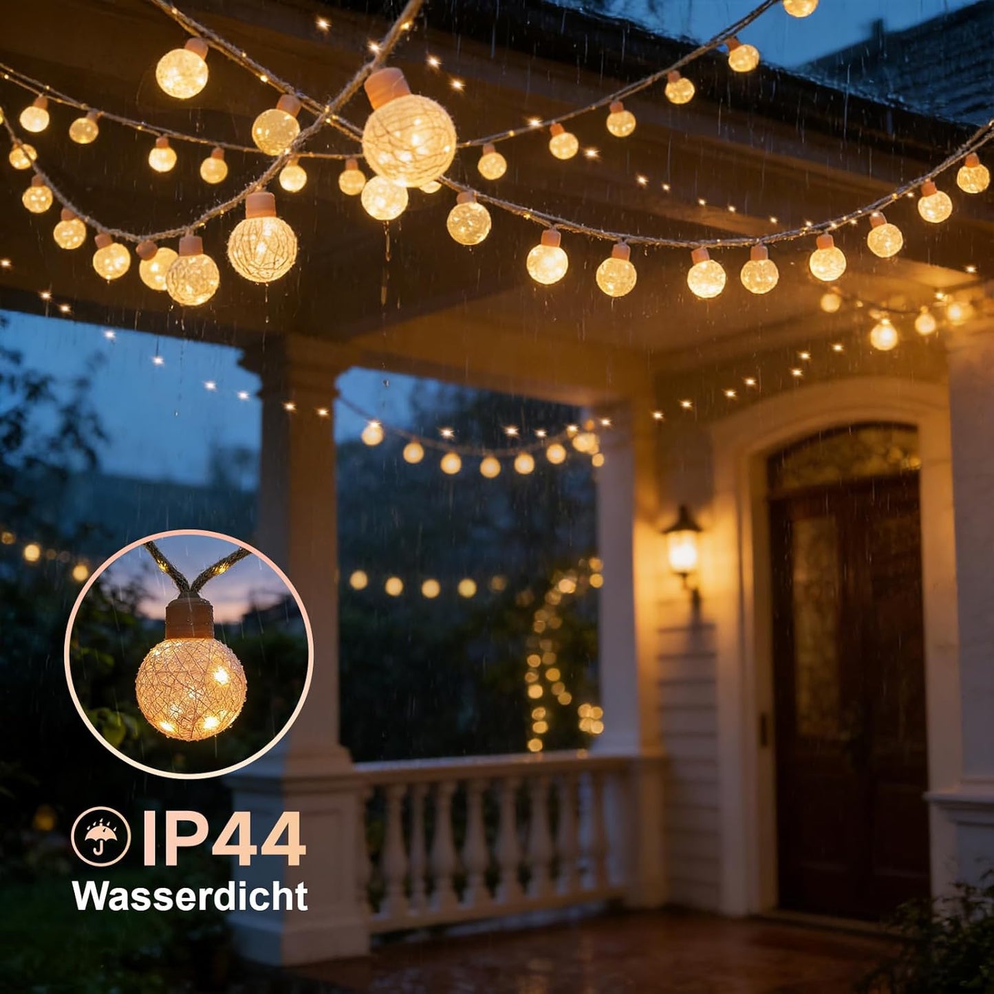 Lichterkette 8M mit Stecker & Fernbedienung, LED Baumwollkugeln [Leuchtendes Juteseil] IP44 Wasserfest, 16 LEDs 8 Modi Dimmbar, Deko für Kinderzimmer Weihnachten Zimmer - Weiß [Energieklasse C]