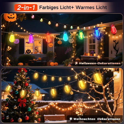 15M Lichterkette Außen/Inner Bunt Strom, mit 20 LEDs Glühbirnen，Dimmbar RGB lichterkette Outdoor Über 1000 Modi für Party Terrasse Biergarten Pavillon Balkon Garten Halloween Weihnachten（APP）