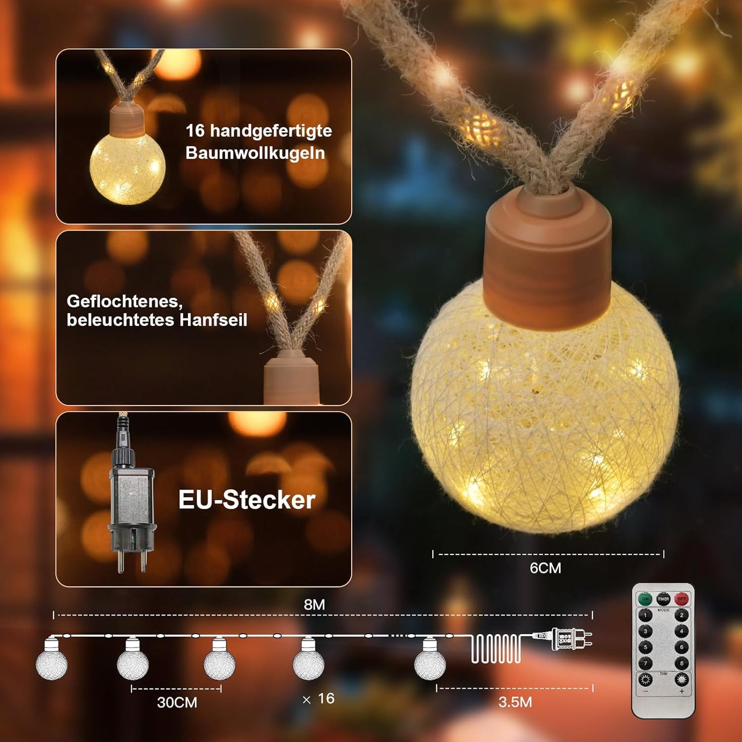 Lichterkette 8M mit Stecker & Fernbedienung, LED Baumwollkugeln [Leuchtendes Juteseil] IP44 Wasserfest, 16 LEDs 8 Modi Dimmbar, Deko für Kinderzimmer Weihnachten Zimmer - Weiß [Energieklasse C]