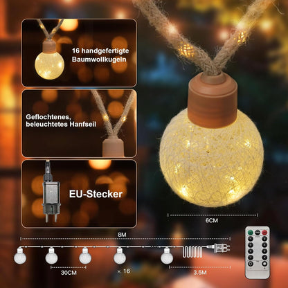 Lichterkette 8M mit Stecker & Fernbedienung, LED Baumwollkugeln [Leuchtendes Juteseil] IP44 Wasserfest, 16 LEDs 8 Modi Dimmbar, Deko für Kinderzimmer Weihnachten Zimmer - Weiß [Energieklasse C]