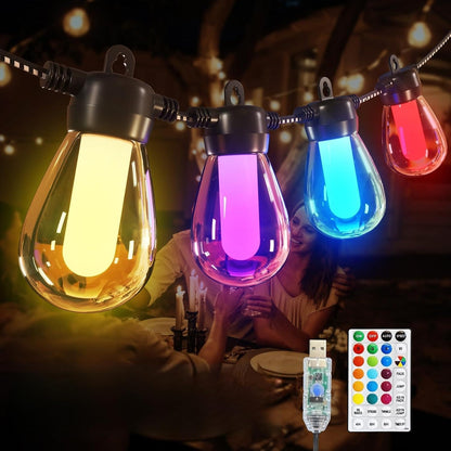 Lichterkette Außen Bunt Strom Outdoor - 15M G40 Glühbirnen Garten LED Beleuchtung Balkon Lichterketten Aussen IP65 Wetterfest Pavillon String Lights mit Fernbedienung für Terrasse Party（USB）