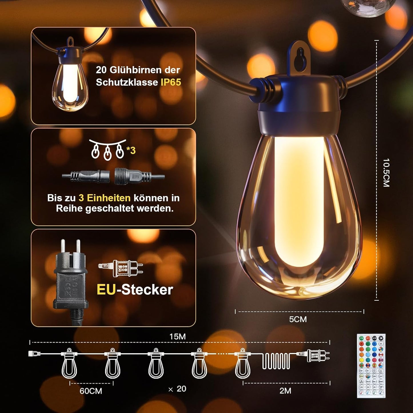 15M Lichterkette Außen/Inner Bunt Strom, mit 20 LEDs Glühbirnen，Dimmbar RGB lichterkette Outdoor Über 1000 Modi für Party Terrasse Biergarten Pavillon Balkon Garten Halloween Weihnachten（APP）