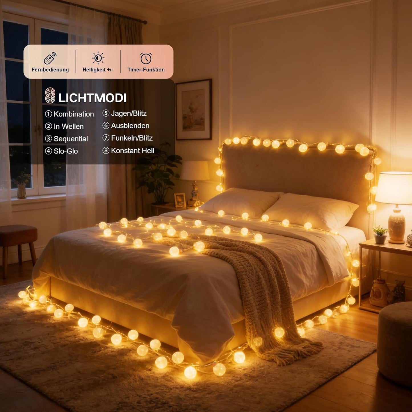 Lichterkette 8M mit Stecker & Fernbedienung, LED Baumwollkugeln [Leuchtendes Juteseil] IP44 Wasserfest, 16 LEDs 8 Modi Dimmbar, Deko für Kinderzimmer Weihnachten Zimmer - Weiß [Energieklasse C]