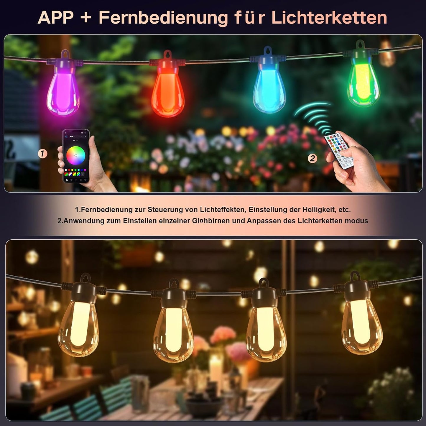 15M Lichterkette Außen/Inner Bunt Strom, mit 20 LEDs Glühbirnen，Dimmbar RGB lichterkette Outdoor Über 1000 Modi für Party Terrasse Biergarten Pavillon Balkon Garten Halloween Weihnachten（APP）
