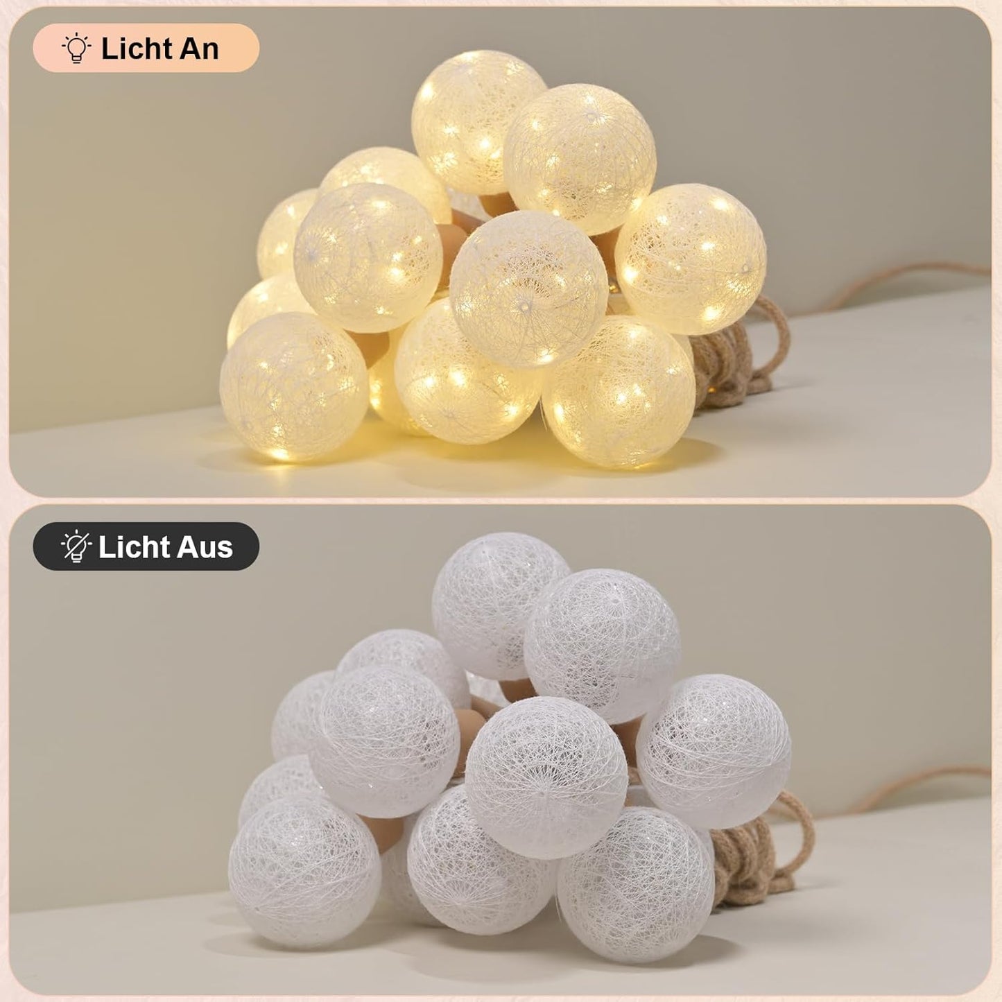 Lichterkette 8M mit Stecker & Fernbedienung, LED Baumwollkugeln [Leuchtendes Juteseil] IP44 Wasserfest, 16 LEDs 8 Modi Dimmbar, Deko für Kinderzimmer Weihnachten Zimmer - Weiß [Energieklasse C]